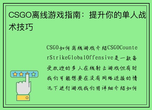 CSGO离线游戏指南：提升你的单人战术技巧