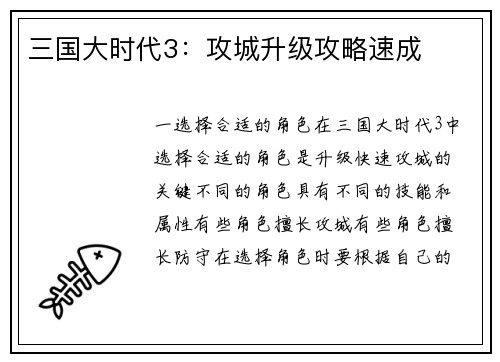 三国大时代3：攻城升级攻略速成